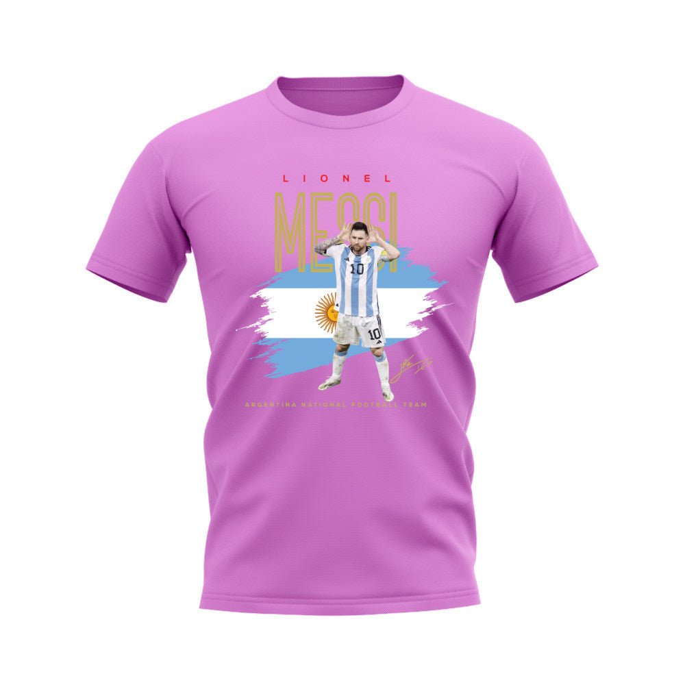 Lionel Messi Argentina Football Celebration T-Shirt (Pink)_0