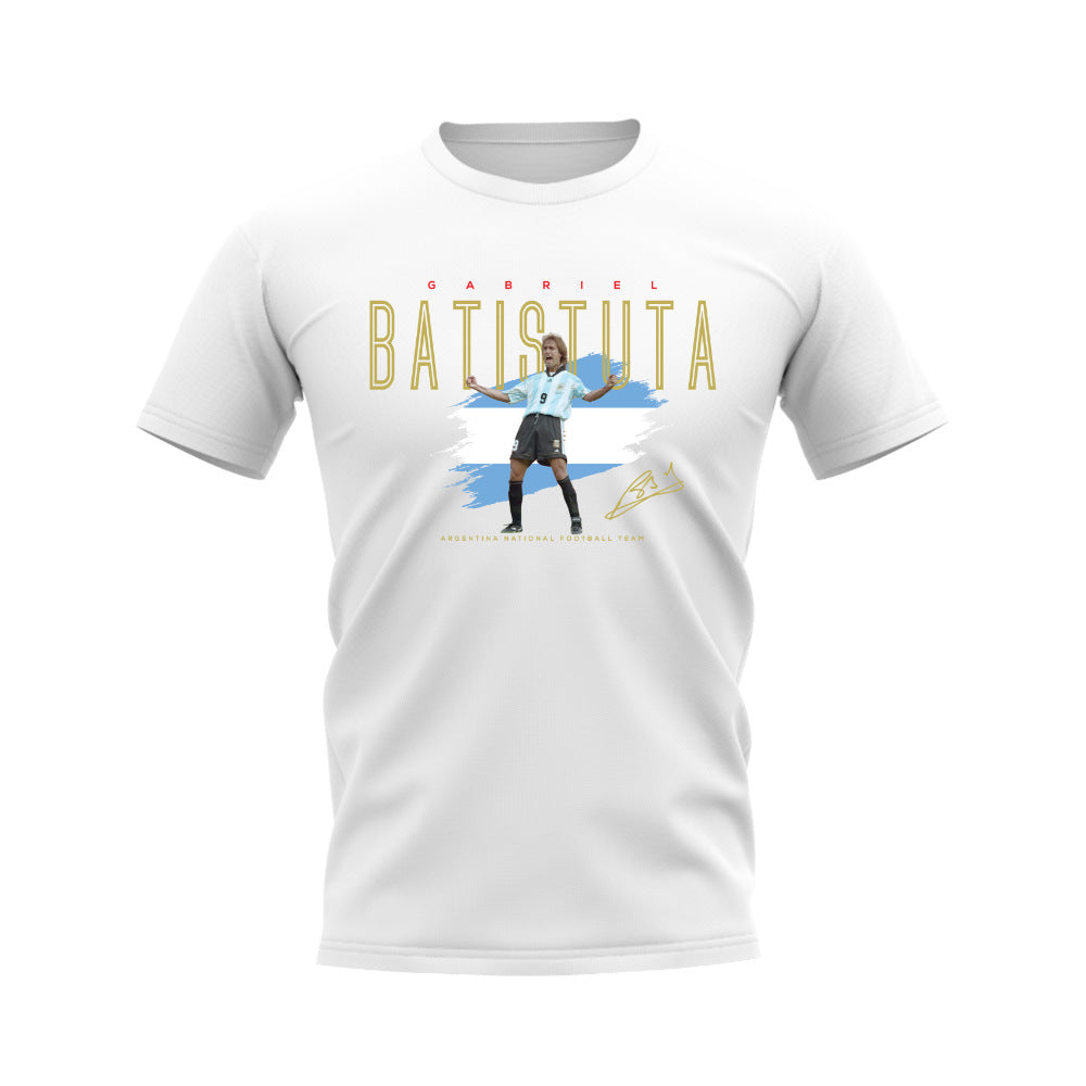 Gabriel Batistuta Argentina Football Celebration T-Shirt (White)_0