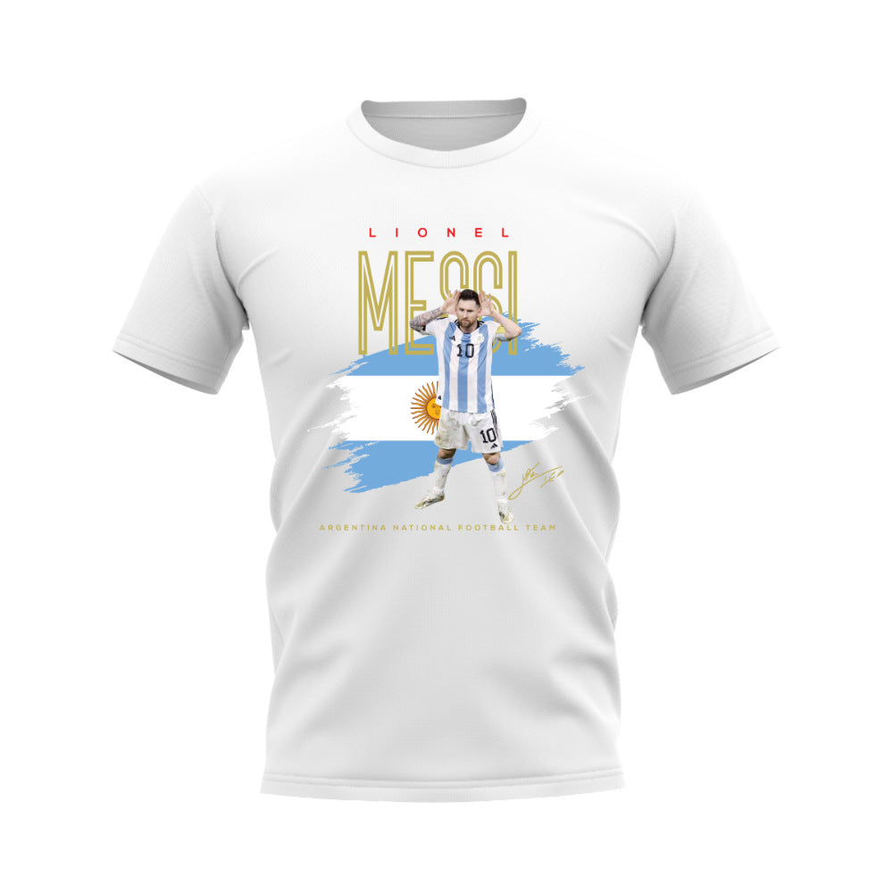 Lionel Messi Argentina Football Celebration T-Shirt (White)_0