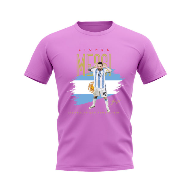 Lionel Messi Argentina Football Celebration T-Shirt (Pink)_0