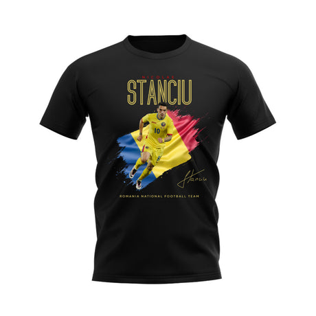 Nicolae Stanciu Flag and Player Romania T-Shirt (Black)_0