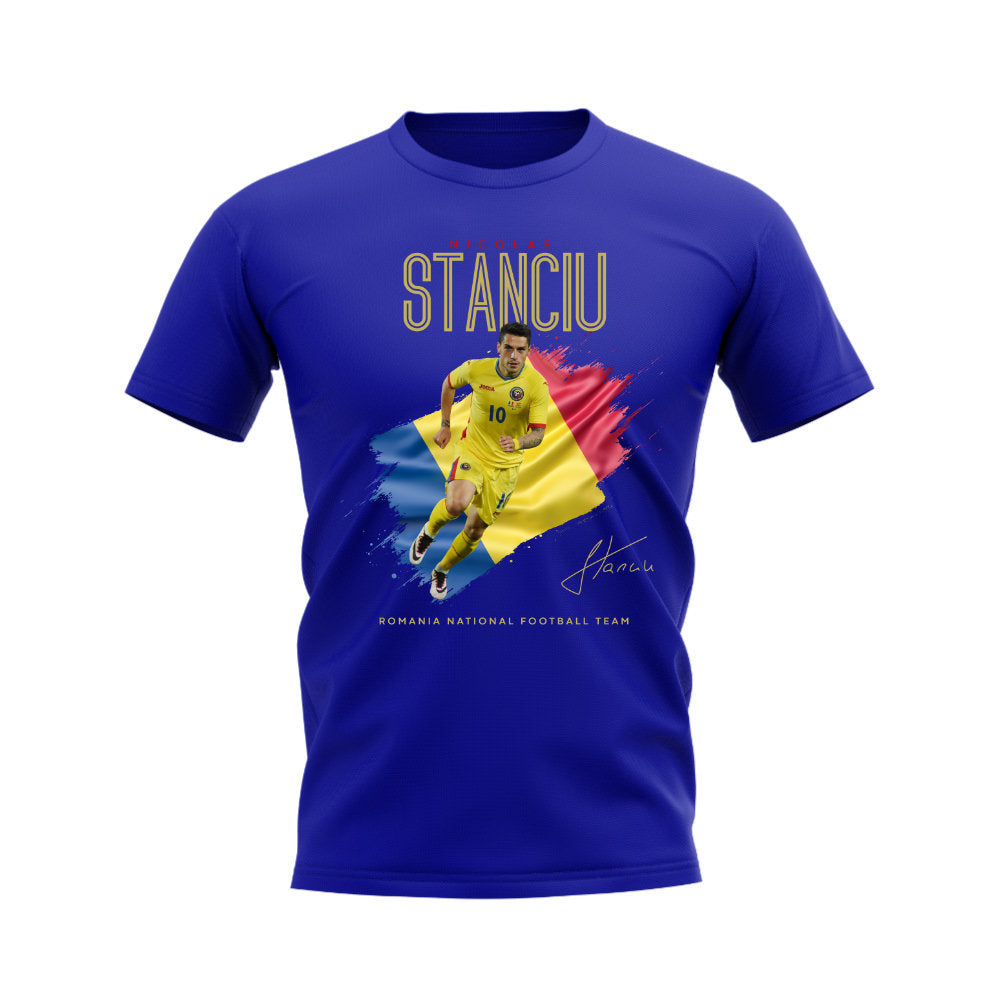 Nicolae Stanciu Flag and Player Romania T-Shirt (Blue)_0