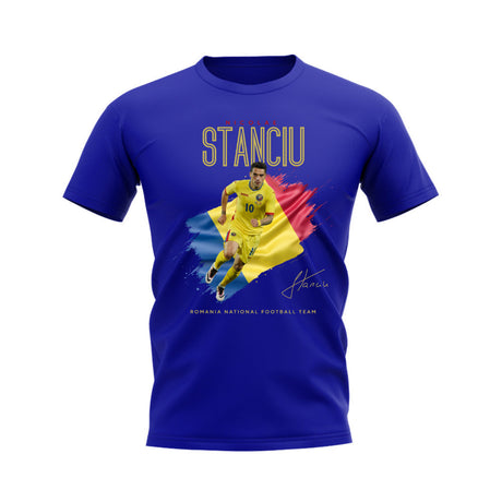 Nicolae Stanciu Flag and Player Romania T-Shirt (Blue)_0