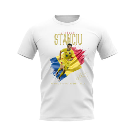 Nicolae Stanciu Flag and Player Romania T-Shirt (White)_0