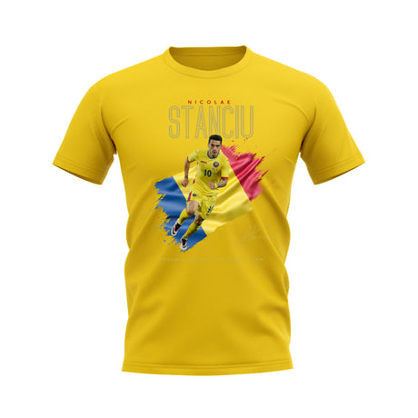 Nicolae Stanciu Flag and Player Romania T-Shirt (Yellow)_0
