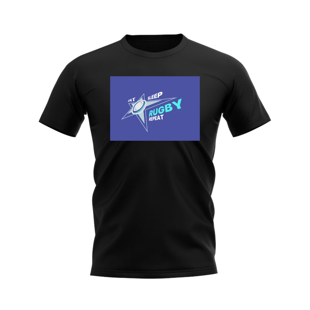Eat, Sleep, Rugby Repeat T-Shirt - Version 1 (Black/Blue)_0